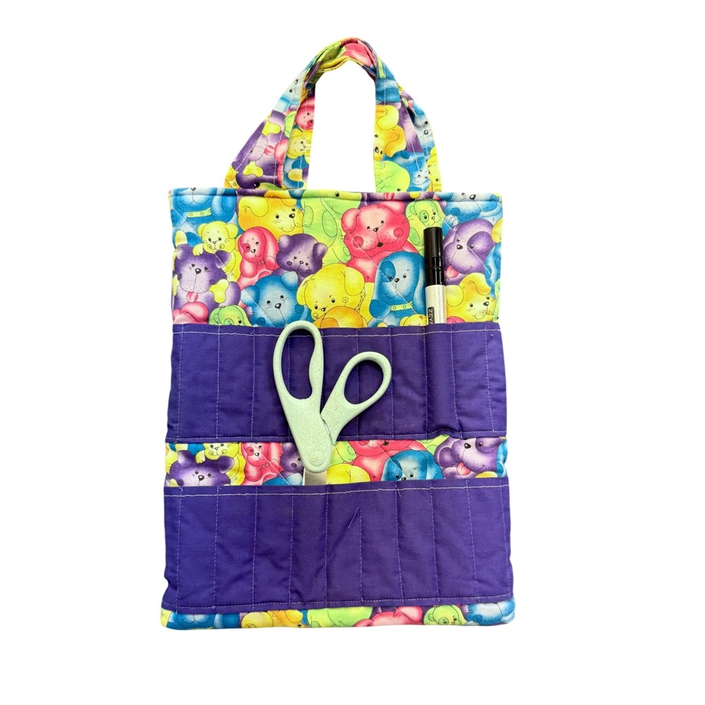 Handmade Craft Bag Unisex Small Multicolor Puppy Print Quilted Organizer Tote